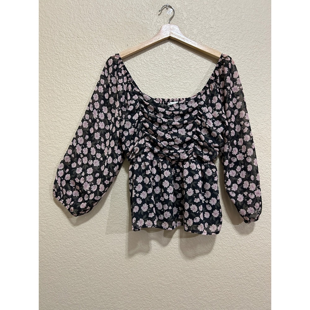 American Eagle M Floral Ruched Peplum Blouse Black Pink Cottagecore Boho Top